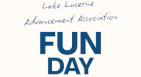 Banner reading 'Lake Lucerne Advancement Association' above bold blue 'FUN DAY'.