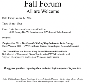 FCAL Details - Lake Lucerne Advancement Association Flyer for Fall Forum: All are Welcome, with event details including date, time, location, and two talks with speakers; invites questions and notes about optional attendance.