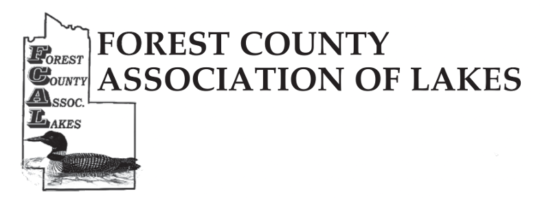 Logo for Forest County Association of Lakes with a duck illustration and vertical FCAL lettering inside a state outline.